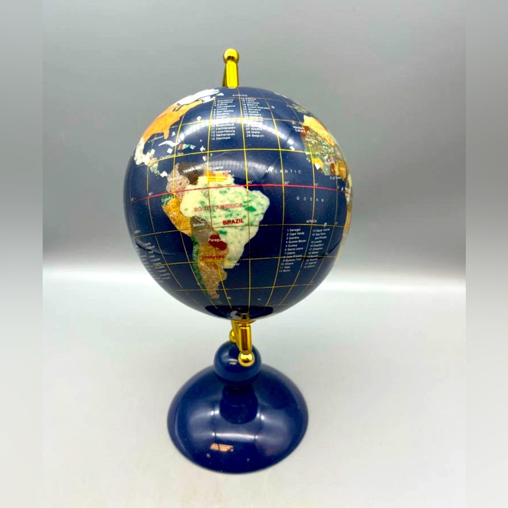 Vintage Lapis Lazuli & Inlaid Semiprecious Stones Desktop Globe - Picture 4 of 7